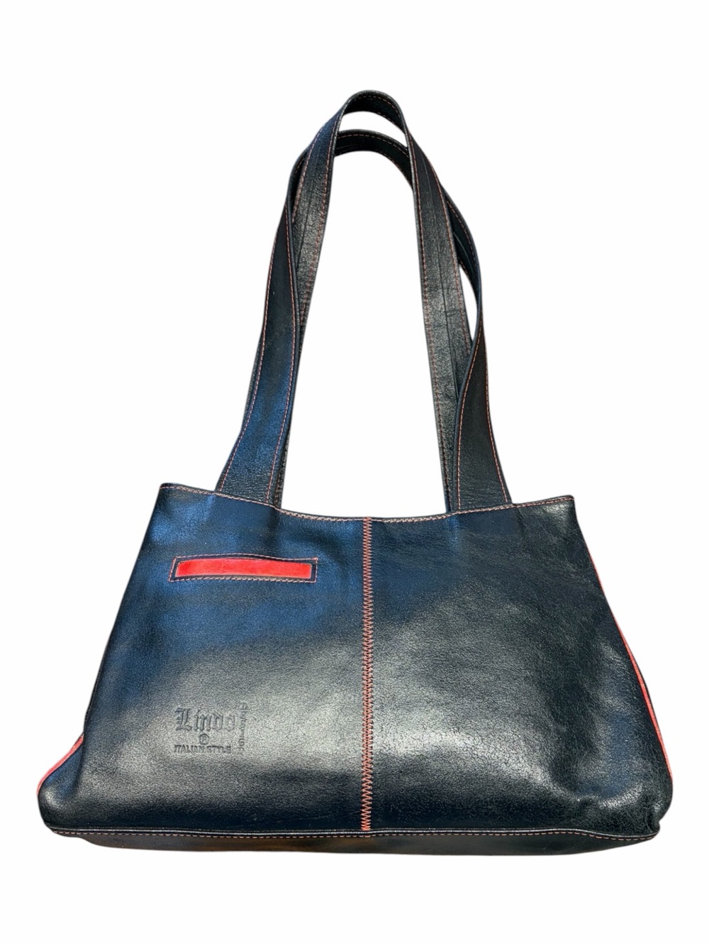 LINDO DESIGN Black Genuine Leather Shoulder Tote Bag Red Details Made in Israel